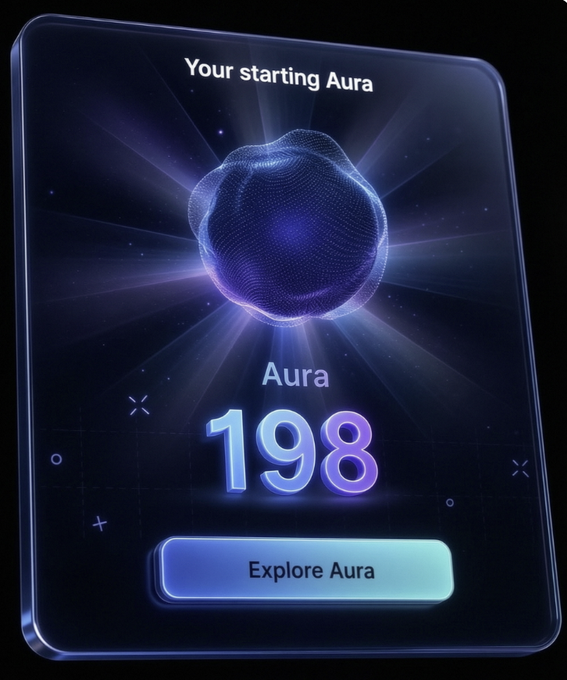 A digital card displays "Your starting Aura" with a glowing purple wireframe sphere and an aura score of 198, along with an "Explore Aura" button — visually representing the initial KaitoAI aura points allocation referenced in the post about the platform's airdrop and Pulse browser plugin.