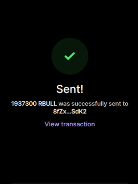 A mobile screenshot displays a successful transaction confirmation with a green checkmark, stating "Sent! 1937300 RBULL was successfully sent to 8fzx....SdK2," with a link to view the transaction. This image serves as proof of the $RBULL token distribution mentioned in the giveaway post, demonstrating that 1,937,300 RBULL tokens were transferred to a winner's wallet.