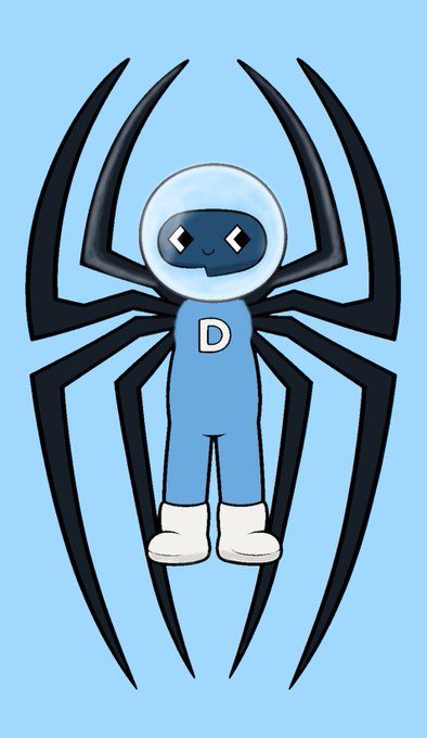 A cartoon character in a blue spacesuit with a 'D' on the chest, a smiling robot helmet, and large black spider legs extending from its back, set against a light blue background.