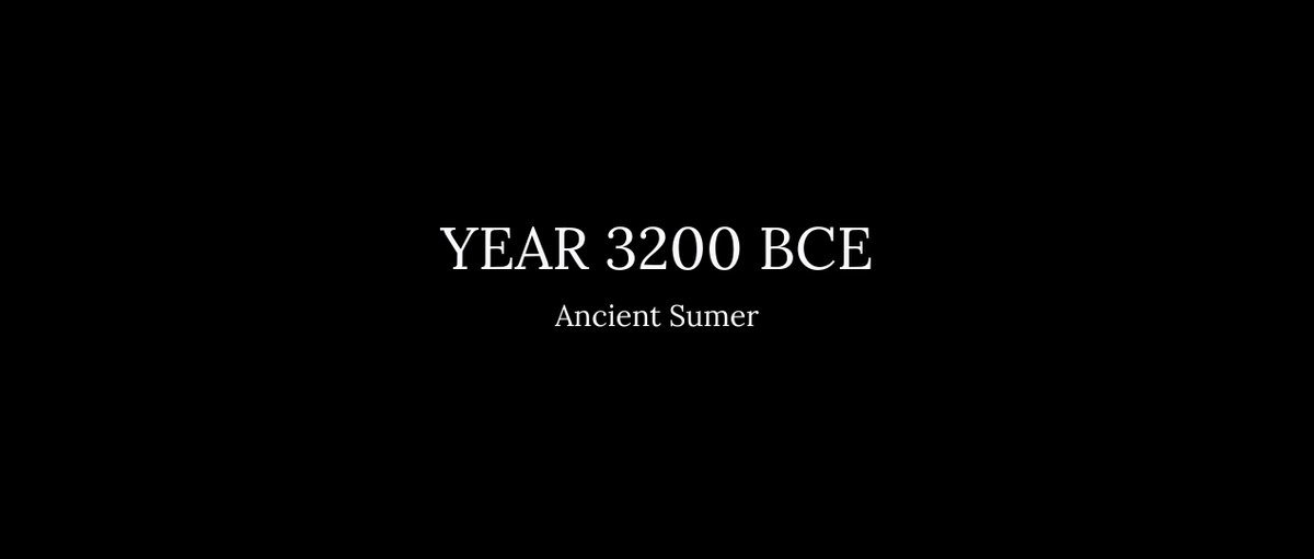 The image features a black and white photograph of an ancient scroll with the text "Year 3000 BCE Ancient Sumer" written at the top, followed by the year "3200 BCE" below it. The caption also includes the hashtag "#AncientSumer".