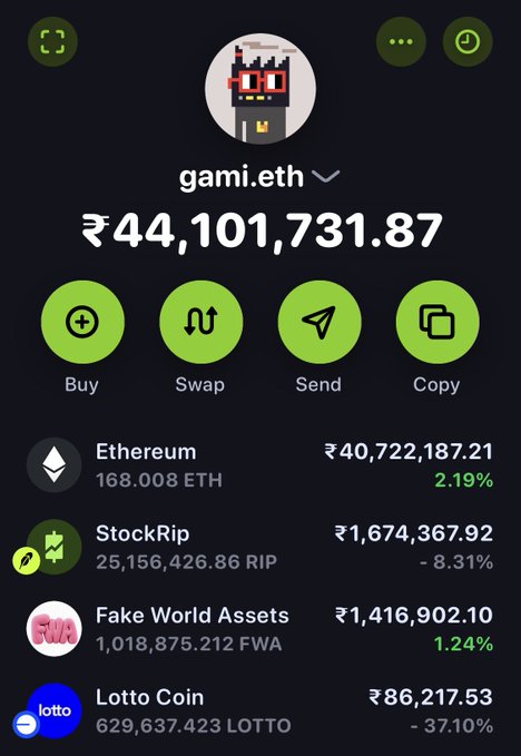 A crypto wallet app screenshot for 'gami.eth' showing a balance of ₹44,101,731.87 across assets including Ethereum (168.008 ETH), StockRip, Fake World Assets, and Lotto Coin.