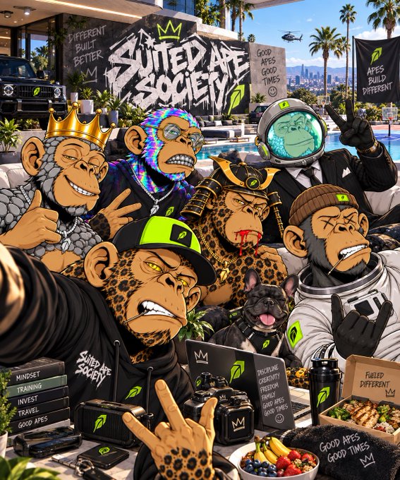 A colorful illustration of anthropomorphic apes styled as a streetwear collective called 'Suited Ape Society,' featuring various characters with crowns, leopard print, and a French bulldog, surrounded by branded merchandise and signage like 'GOOD APES GOOD TIMES' and 'APES BUILD DIFFERENT.'
