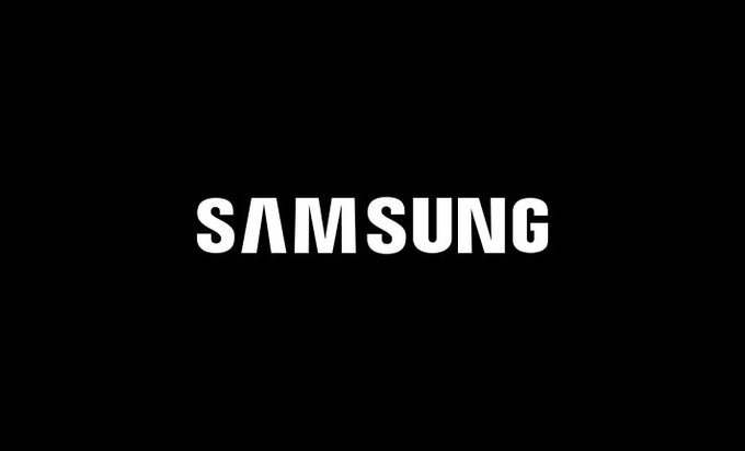 The white Samsung logo displayed on a solid black background.