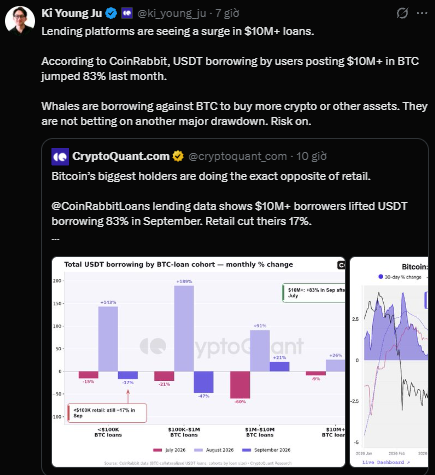 A screenshot of an X post by Ki Young Ju (@ki_young_ju) titled 'Lending platforms are seeing a surge in $10M+ loans,' quoting a CryptoQuant post about USDT borrowing by BTC-collateralized loans jumping 83% last month.