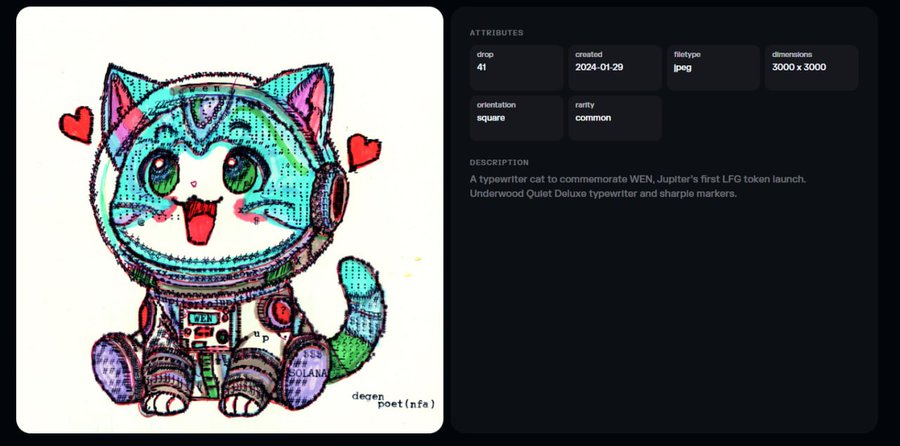 A digital illustration of an astronaut cat with cyan and purple coloring, displayed alongside NFT attributes including drop 41, filetype jpeg, and rarity common by degen poet (nfa).
