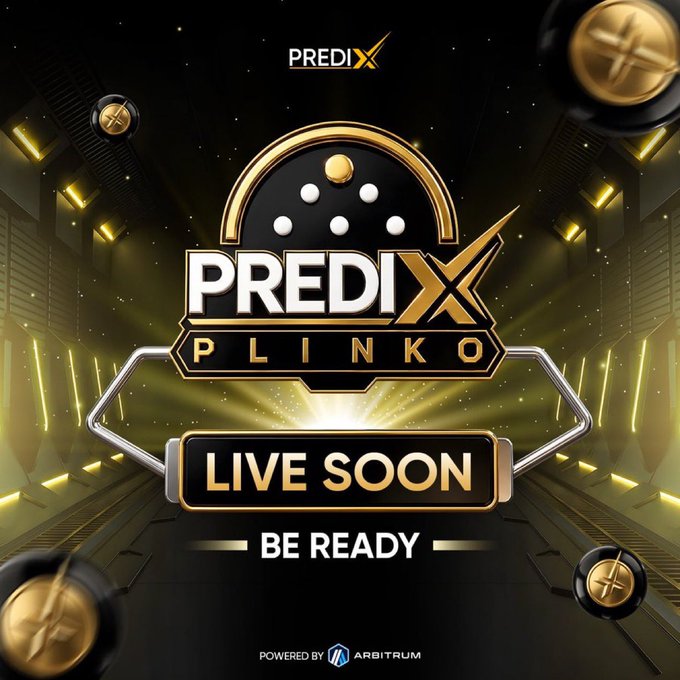 A promotional graphic for 'PREDIX PLINKO' announcing 'LIVE SOON BE READY', powered by Arbitrum, featuring gold coins and a Plinko board design.