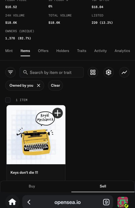 A mobile screenshot of an OpenSea NFT collection page showing an item titled 'Keys don't die !!!' by Royal Mechanica.