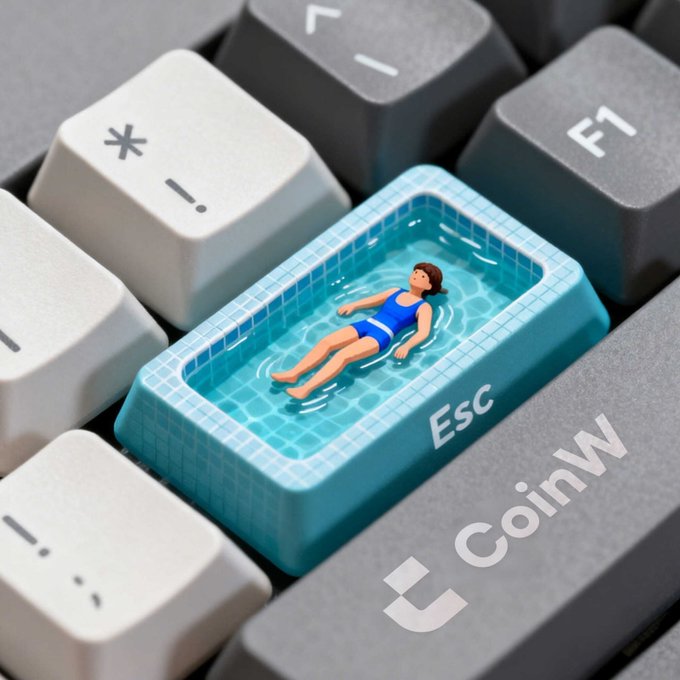 A whimsical custom Escape (Esc) keycap featuring a miniature scene of a person floating in a swimming pool sits on a keyboard, alongside the text "CoinW" — playfully visualizing the "GM" (good morning) greeting with a relaxing poolside moment.