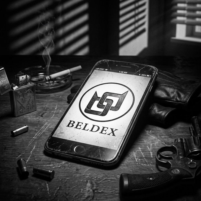 A dramatic black-and-white photograph showing a smartphone displaying the 'BELDEX' logo on a cracked screen, resting on a wooden surface alongside a smoking cigarette, lighter, bullets, and a revolver.