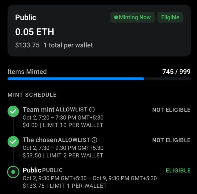 The image displays a NFT minting interface showing the public mint price at 0.05 ETH ($133.75), with 745 of 999 items already minted, while indicating the user is eligible for the public phase but not eligible for earlier team or chosen allowlist rounds. This aligns with the post, which references the 745/999 mint count for @musegod_rh and discusses the slow public mint pace due to trading being locked and people feeling hesitant about minting without knowing the volume.