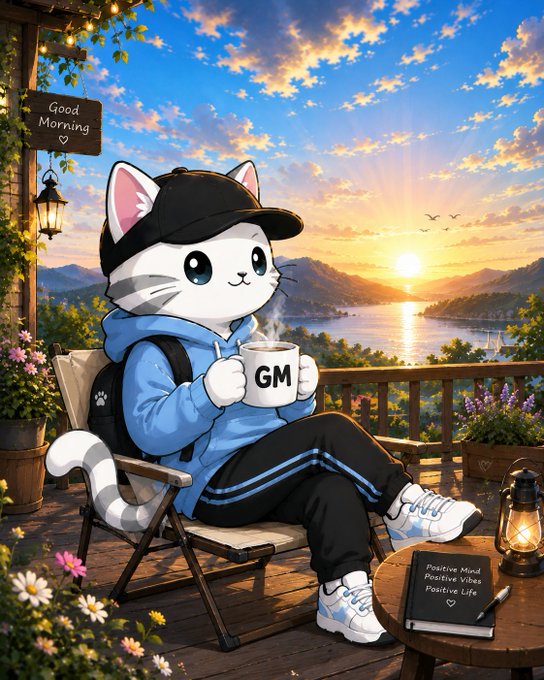 An illustrated cartoon cat character wearing a cap and blue hoodie sits on a balcony chair with a mug labeled 'GM', overlooking a sunset over the ocean, with a 'Good Morning' sign and a notebook reading 'Positive Mind, Positive Vibes, Positive Life' nearby.
