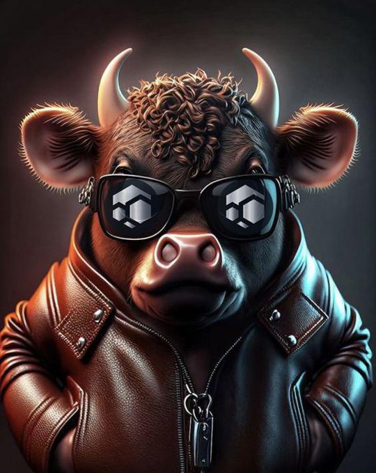 The image features a cartoon cow wearing sunglasses and a leather jacket with a zipper down the front. The cow has horns and appears to be wearing glasses as well. The caption reads "Just $FLUX, nothing extra I'm following you".