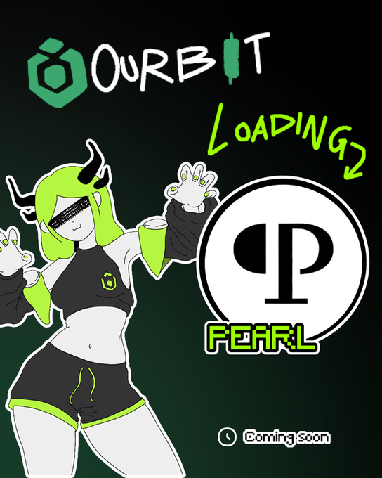The image features a cartoon girl with green hair wearing black shorts, standing against a dark background. She has horns and is holding a pearl in her hand. The text "ourbit loading 2" is written above her head, indicating that she is about to load something onto the site. The post also mentions that the pearl will be arriving soon, suggesting that it's an upcoming feature or update for users of the website.
