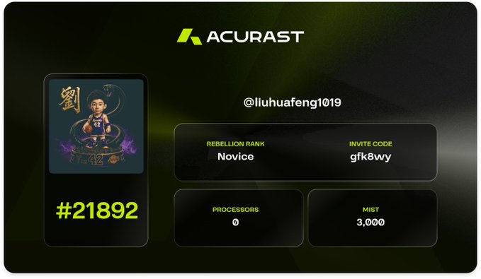 A digital card or interface for 'ACURAST' displaying a character avatar with the number #21892, username @liuhuafeng1019, Rebellion Rank 'Novice', an invite code 'gfk8wy', 0 processors, and 3,000 MIST.