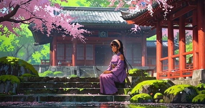 An anime-style illustration shows a girl in a purple kimono sitting on stone steps at a traditional Japanese temple surrounded by cherry blossom trees.