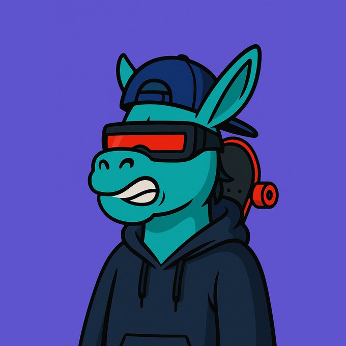 The image features a cartoon donkey wearing a hoodie and sunglasses with a skateboard attached to its back. The caption of the image reads "Double rumble wins on the @Donkey_DAO MEGA channel Thanks to the Legendary @Its_Ha_Dost for always creating fun for holders Donnkey DAO NFT, Puffins NfTs, $DDAO $$&%&(".