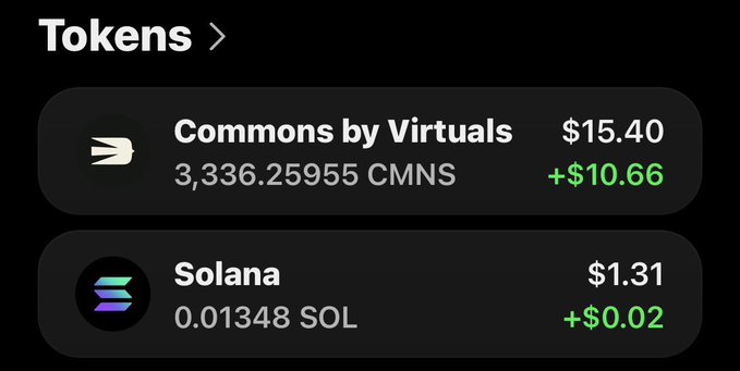 The image shows a crypto wallet's "Tokens" section displaying a lifechanging Commons airdrop of 3,336.25955 CMNS (Commons by Virtuals) now worth $15.40 (+$10.66), alongside a small Solana balance of 0.01348 SOL ($1.31), visually confirming the post's claim about receiving the Commons airdrop.
