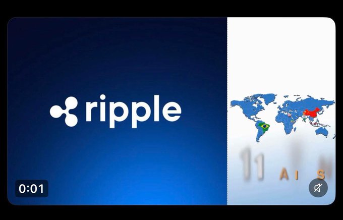 A video thumbnail displays the Ripple logo prominently on a blue background, alongside a world map highlighting Brazil, China, and South America, visually reinforcing Ripple's expanding presence in BRICS markets and its connection to a multi-trillion dollar global payments ecosystem.