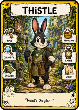 A fantasy-style trading card titled "THISTLE" features an anthropomorphic rabbit adventurer equipped with a staff and explorer gear, surrounded by labeled categories like "TOOL," "CURIOSITY," "SHELTER," "PROVISION," "LIGHT," and "QUEST." The caption "What's the plan?" appears at the bottom, fitting the theme of the Syllirabbits project created by @ThatGuySlimm, which appears to involve crafting imaginative character cards.