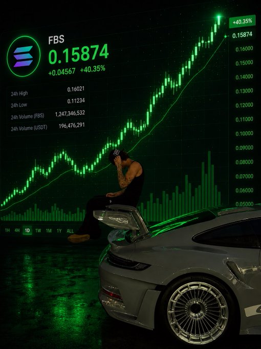 A man in a black tank top sits on the rear of a silver sports car, silhouetted against a glowing green candlestick chart displaying "FBS" at 0.15874 (+40.35%) with a 24h high of 0.16021 and a 24h low of 0.11234. The image visually reinforces the post's promotion of the $FBS memecoin launch on Pump.fun (Solana), projecting the lifestyle associated with early crypto gains.