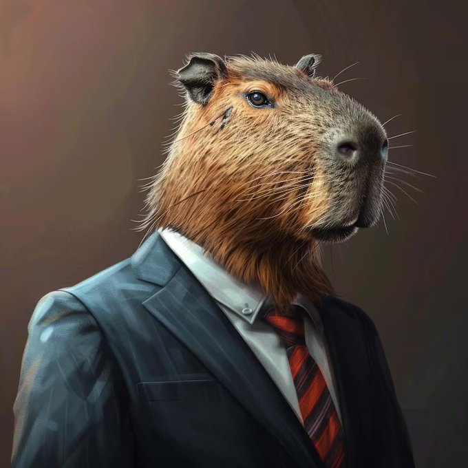 A capybara dressed in a sharp gray suit and red striped tie poses confidently against a dark, painterly background, embodying the "GM" (good morning) greeting with a financial, business-ready attitude. The animal's dignified attire and poised expression visually reinforce the post's invitation to start the day ready to make money together, blending corporate professionalism with the capybara's signature calm confidence.