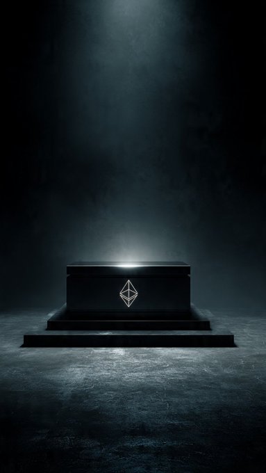 The image features a black box with a diamond symbol, placed on a pedestal or platform against a dark background. The caption reads "Ethereum has Survived every funeral held for it." This statement suggests that despite numerous attempts at destruction by governments and financial institutions, Ethereum has managed to survive the darkest times in history.