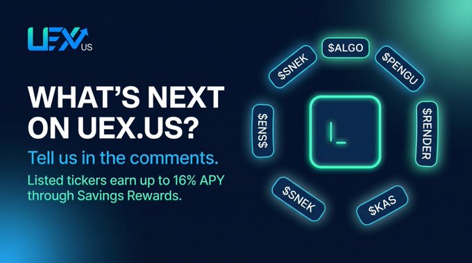 A blue promotional graphic for UEX.US asking 'WHAT'S NEXT ON UEX.US?' with a central 'L' logo surrounded by crypto tickers like $ALGO, $PENGU, $RENDER, $KAS, $SNEK, and $ENS, offering up to 16% APY.