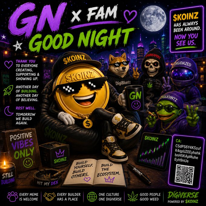 A vibrant crypto meme poster titled 'GN x FAM GOOD NIGHT' featuring a cartoon '$KOINZ' coin character with sunglasses alongside characters labeled DigiBuntz, ShibaReaper, DigiDazed, and DigiJointz, with messages like 'SKOINZ HAS ALWAYS BEEN AROUND. NOW YOU SEE US', 'POSITIVE VIBES ONLY', 'STILL BUILDING', 'EVERY MEME IS WELCOME', 'EVERY BUILDER HAS A PLACE', 'ONE CULTURE ONE DIGIVERSE', 'GOOD PEOPLE GOOD WEED', and a contract address (CA: CSdPS6Y4KSzufK4qpuZEEyha...EYH9nUe) with a QR code, powered by DigiVerse and $KOINZ.