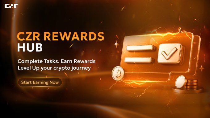 The image features a poster for the CZR Rewards Hub, which is an online platform that allows users to earn rewards by completing tasks or activities across various categories such as gaming, shopping, and social media interactions. The poster showcases a gold coin with a lightning bolt on it, symbolizing the rewards available through the platform. It also includes text promoting the rewards system, encouraging users to engage in these activities to accumulate points and enjoy the benefits of the rewards program.
