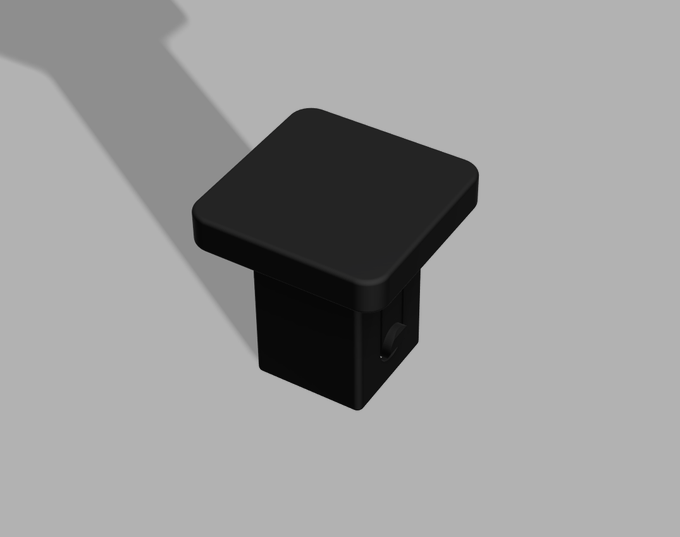A minimalist 3D render of a small, black, square pedestal or stool casting a long shadow on a light gray surface.