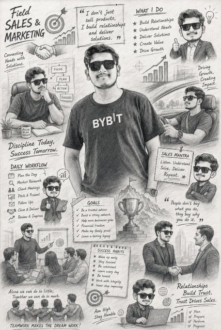 A black-and-white illustrated infographic titled 'Field Sales & Marketing' featuring a Bybit-branded professional, with sections on goals, success habits, daily workflow, and a sales mantra: 'Listen, Understand, Solve, Deliver, Repeat.'