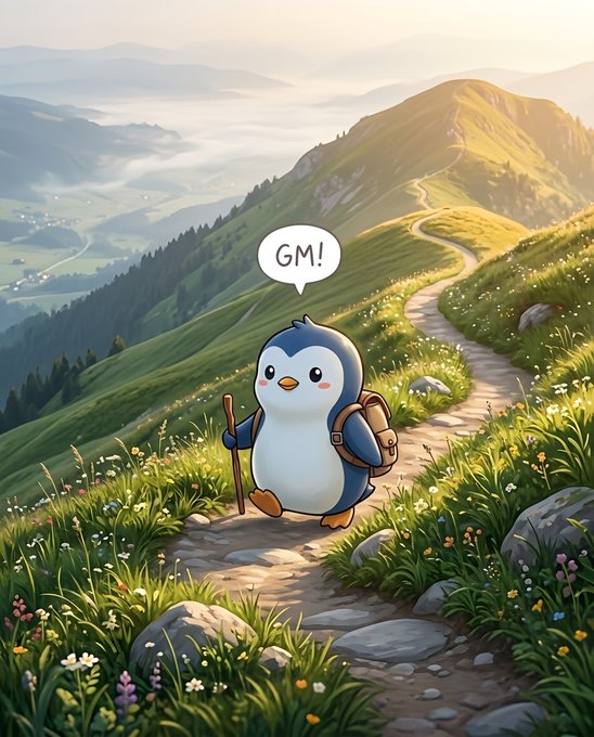 A cartoon penguin wearing a backpack and holding a walking stick says 'GM!' while hiking along a mountain path in a scenic valley.