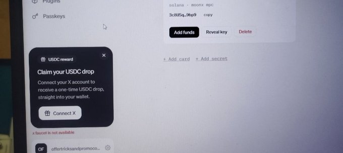 A screen showing a wallet interface displaying a "USDC reward" pop-up prompting users to "Claim your USDC drop" by connecting their X account, alongside an X Faucet page showing that "A faucet is not available" and the campaign has ended.