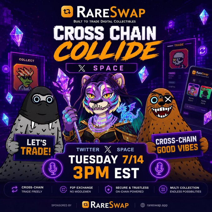 A promotional poster for a 'RareSwap' Twitter Space event titled 'Cross Chain Collide' on Tuesday 7/14 at 3PM EST, featuring cartoon characters and text including 'Let's Trade!' and 'Cross-Chain Good Vibes'.