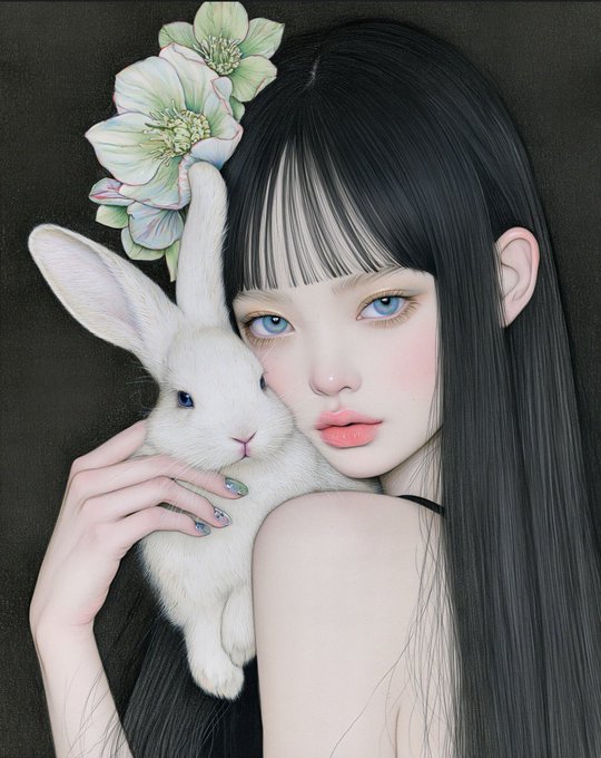 A digital illustration of a girl with long black hair, blue eyes, and flowers in her hair, holding a white rabbit against her cheek.