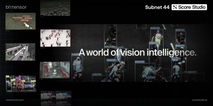 A banner for Bittensor Subnet 44 promoting Score Studio with the tagline "A world of vision intelligence," featuring various computer vision demonstrations including people detection, object recognition, and traffic monitoring. The image visually represents Score's vision AI capabilities, aligning with the post's announcement of their Score Studio launch powered by Bittensor and their partnership with Manako for enterprise deployment.