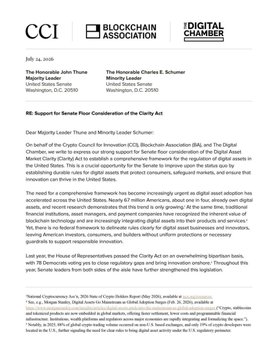 A document addressed to Senate Majority Leader Thune and Minority Leader Schumer from The Honorable Charles E. Schumer, showing logos for CCI, Blockchain Association, and Digital Chamber, regarding support for the Clarity Act and digital asset regulation.