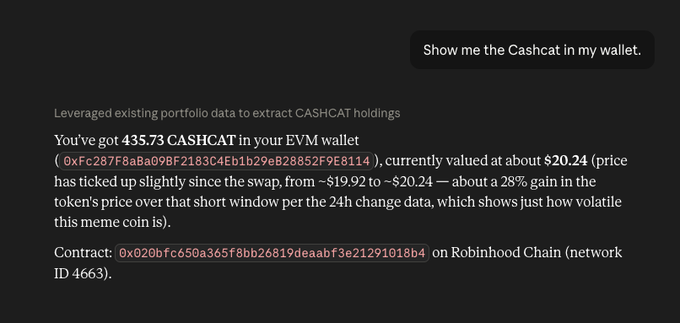 A chat interface showing a response about 435.73 CASHCAT tokens in an EVM wallet on Robinhood Chain, listing the contract address "0x020bfc650a365f8bb26819deaabf3e21291018b4." The image supports the post by demonstrating that the user purchased Cashcat using Claude AI, which is now holding the meme coin in their wallet.