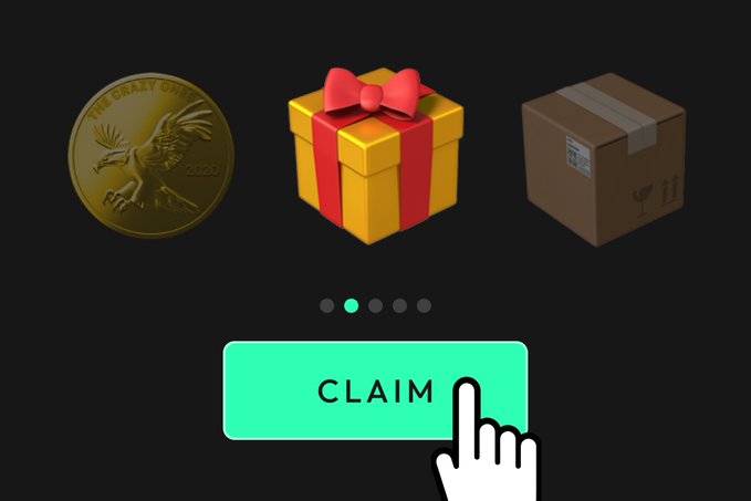 A promotional graphic showing rewards—a gold "Crazy Ones 2020" coin featuring an eagle, a yellow gift box with red ribbon, and a cardboard shipping package—above a green "CLAIM" button being pressed by a cursor. The image relates to the post by illustrating the physical perks available for redemption before the final deadlines posted on Discord.