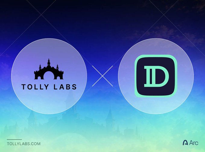 A promotional graphic featuring the Tolly Labs logo (with a castle bridge icon) on the left and the Defined (DD) logo on the right, separated by an "X" symbol, set against a purple-blue gradient background with the text "TOLLYLABS.COM" and "Arc" at the bottom—announcing Tolly's integration with Defined.fi for enhanced market tracking and analytics.