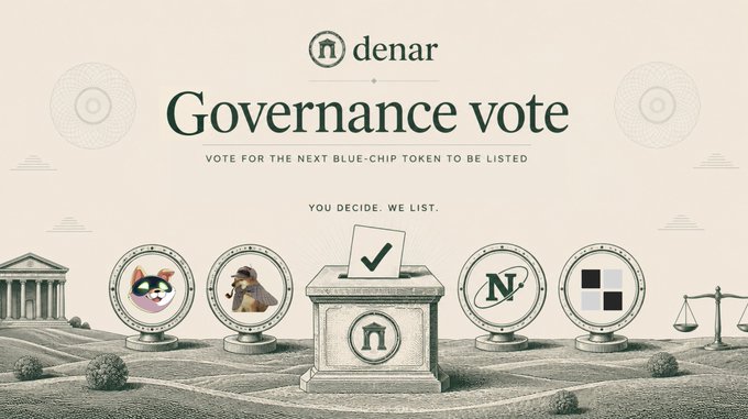 A promotional graphic for 'denar' announcing a 'Governance vote' to choose the next blue-chip token to be listed, featuring coin illustrations and a ballot box with a checkmark.