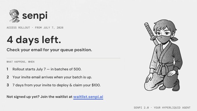Senpi access rollout page showing '4 days left' with a ninja character illustration, rollout starts July 7 in batches of 500.
