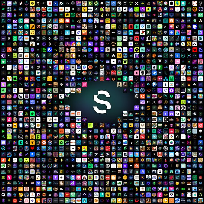 A large collection of colorful app icons arranged in a grid pattern surrounding a central Spotify 'S' logo on a dark background.