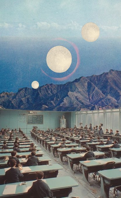 A surreal collage pairs a vintage scene of students seated at rows of desks in a classroom with a dreamlike mountainous landscape above, where three pale moons float against a blue sky—one encircled by a glowing pink crescent. The artwork's otherworldly, layered composition suits the post's appreciation for customizable layout in showing networked art.