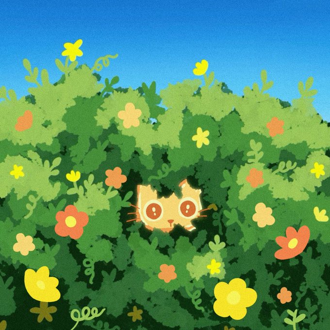An illustrated scene of an orange tabby cat peeking out from a lush green bush filled with colorful yellow, orange, and pink flowers under a blue sky.