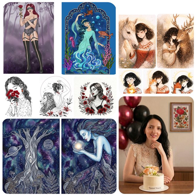 A collage of various fantasy-themed illustrations of women with animals and nature elements, alongside a photograph of a smiling woman next to a small cake.