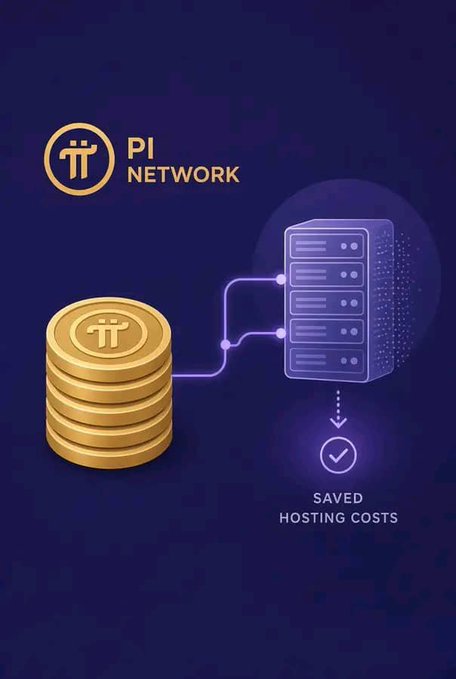 A promotional graphic for Pi Network featuring the Pi logo and "PI NETWORK" text at the top, with stacked golden Pi coins connecting via glowing lines to a server illustration, which leads down to a checkmark labeled "SAVED HOSTING COSTS." The image visually reinforces the post's message about using Pi Network Browser's local storage to keep small data on the user's device, eliminating the need for extra server hosting and reducing costs.