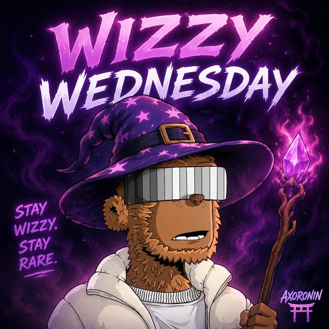 A stylized illustration of a bear character dressed as a wizard with a purple starry hat and shutter shades, holding a glowing staff, with text reading 'WIZZZY WEDNESDAY' and 'STAY WIZZY. STAY RARE.' by Axoronin.