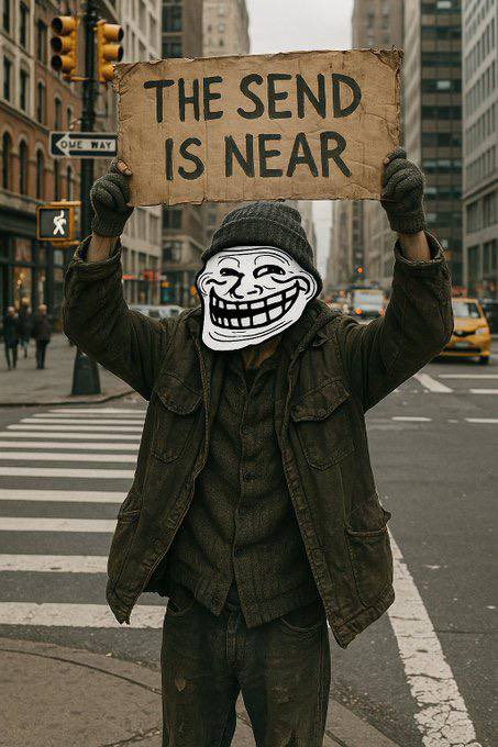 A person in a dark jacket and beanie holds up a weathered cardboard sign reading "THE SEND IS NEAR," their face obscured by a grinning trollface meme, standing on a city crosswalk—visually reinforcing the ominous warning of an imminent $TROLL token send.