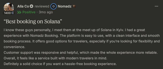 A positive review from Alla Co on Ethos Network rating Nomadz 1400 halo tokens, titled "Best booking on Solana," praising the platform's easy interface, smooth booking process, responsive customer support, and flexibility for travelers.